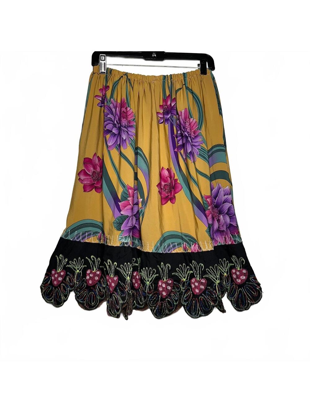 Handmade OOAK Novelty Strawberry Floral Midi Skirt Embroidered Scallop Hem